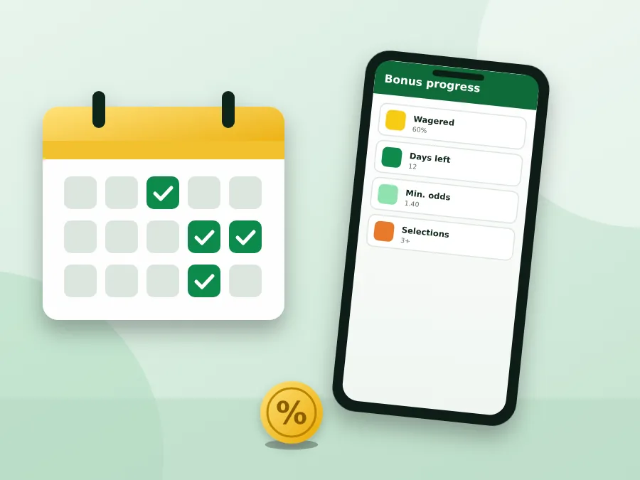 Calendar with ticked days and a phone showing bonus progress