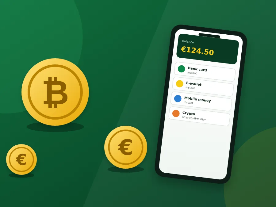 Cryptocurrency coins next to a phone showing an account balance