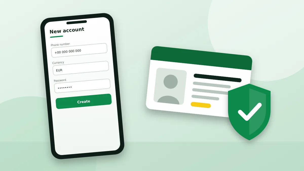 Phone with a new account form beside an identity card and a shield