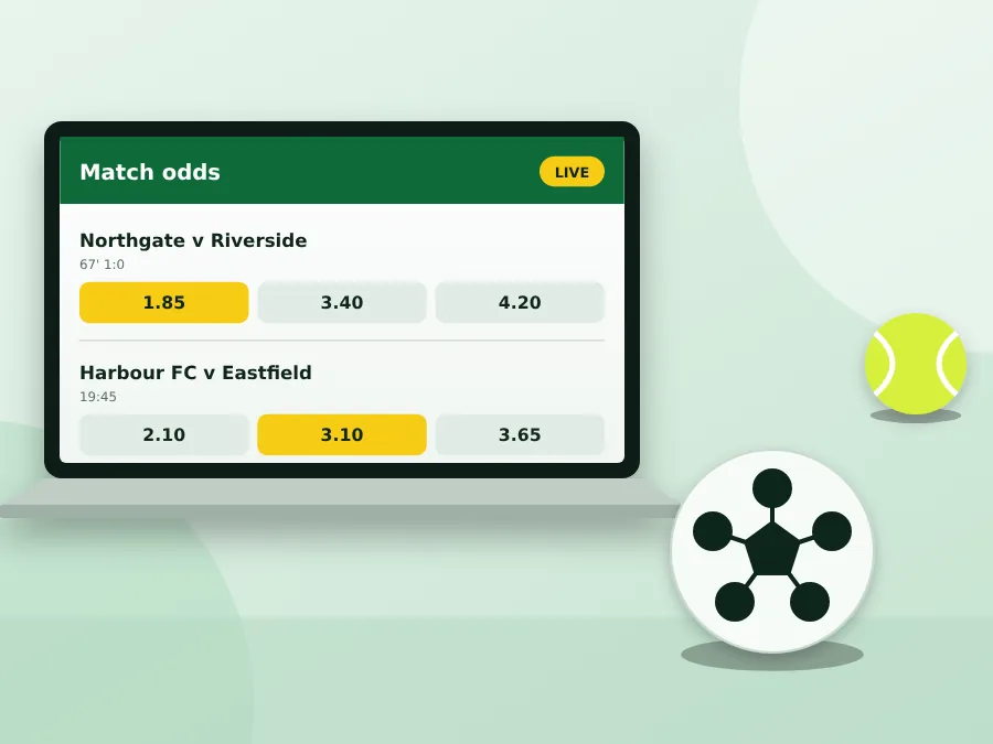 Laptop with match odds on screen beside a football and a tennis ball