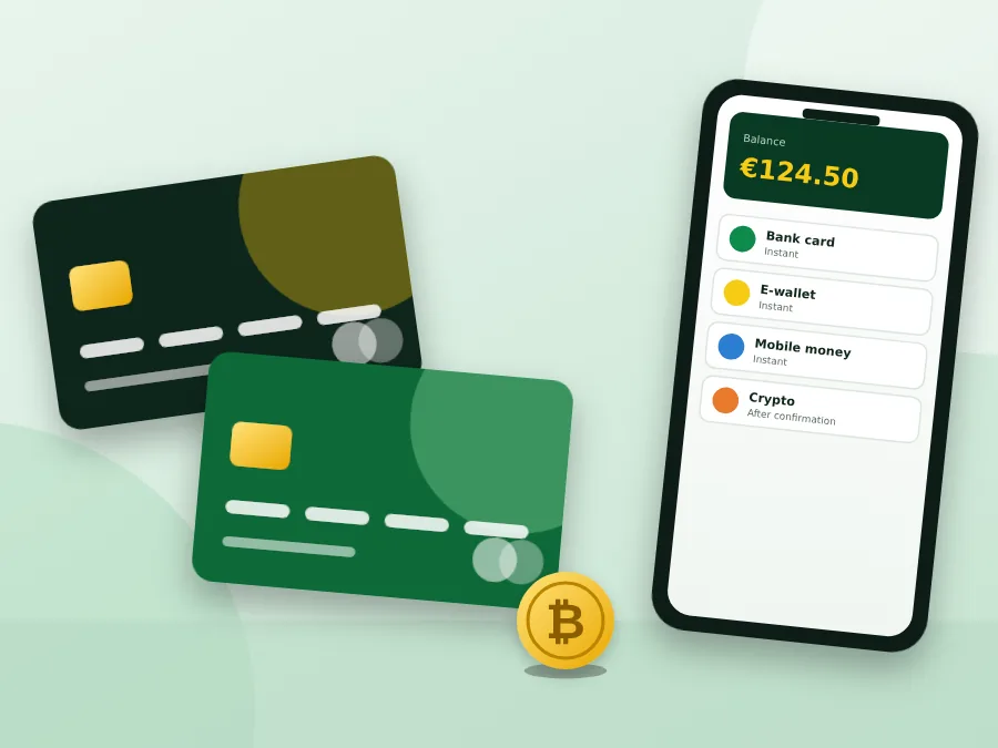 Two bank cards and a phone showing an account balance
