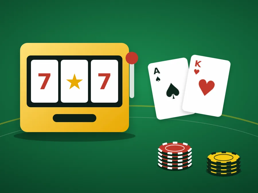Slot machine with playing cards and stacks of casino chips