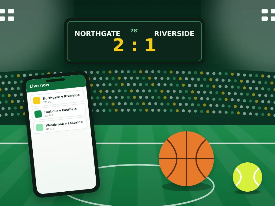 Stadium scoreboard above a phone showing a list of live matches
