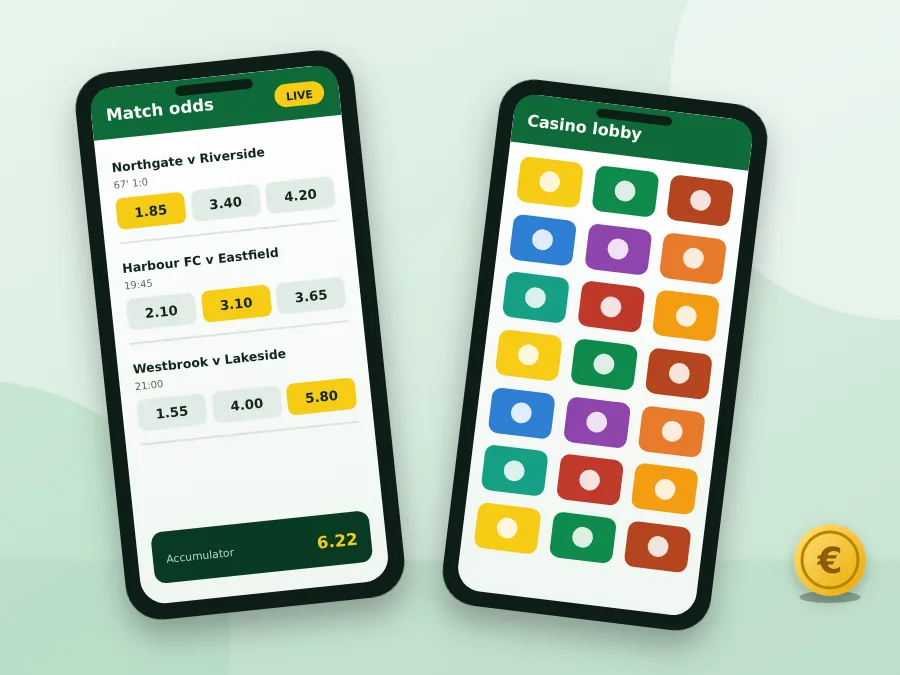Two phones, one with match odds and one with a casino lobby