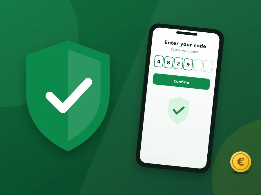 Security shield next to a phone asking for a confirmation code