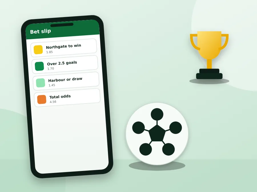 Phone with a three-selection bet slip beside a football and a trophy